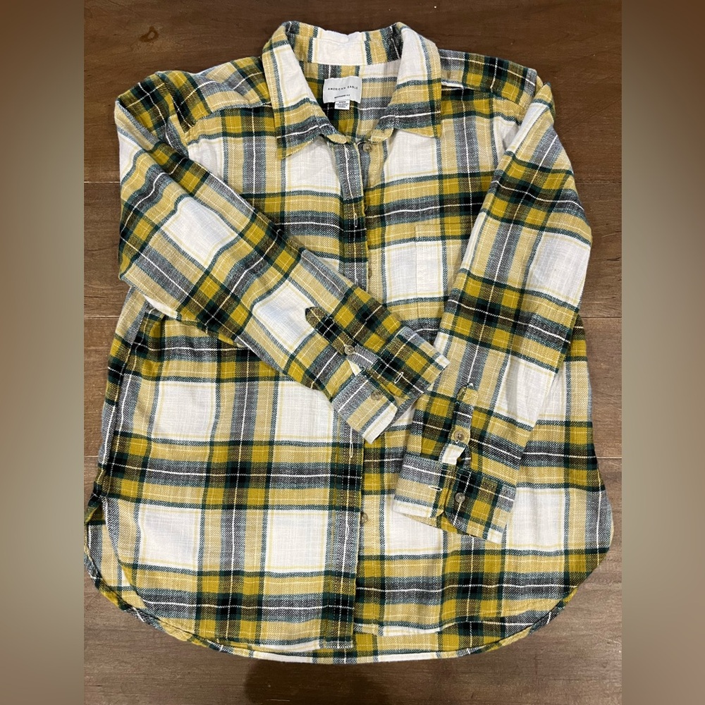 American Eagle Outfitters Plaid Button-Down Shirt in Yellow, Green & White